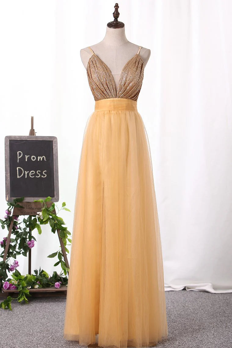 Sexy Spaghetti Straps A Line Party Dresses Tulle & Sequin Zipper